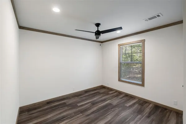 a view of a forest with trees in the background