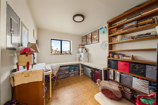 a room with furniture and a book shelf