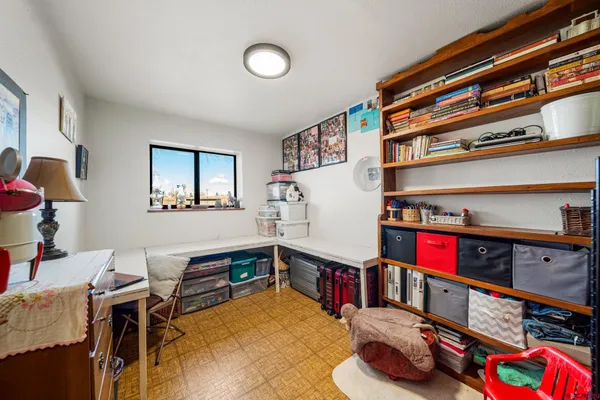 a living room with lots of furniture and a book shelf