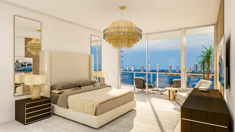 a bed room with a bed and a chandelier