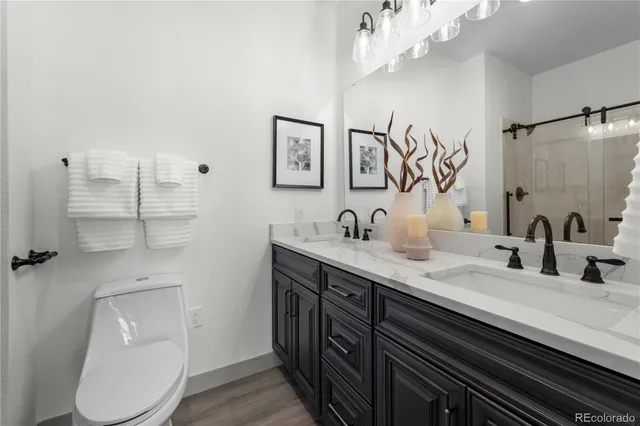 a bathroom with a shower and toilet