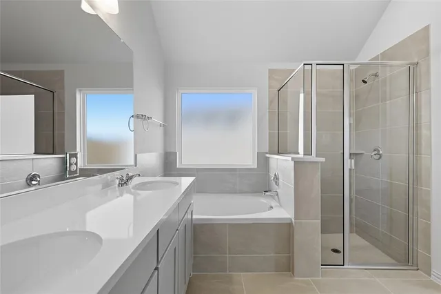 a bathroom with a double vanity sink mirror and shower