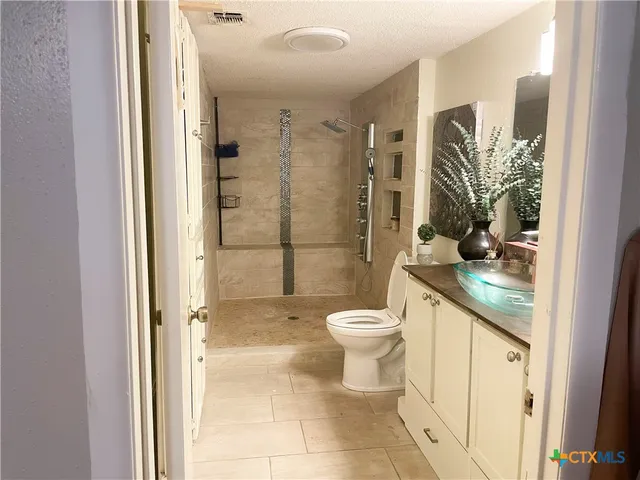 a bathroom with a granite countertop sink a toilet and shower