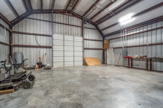 a view of a garage with storage