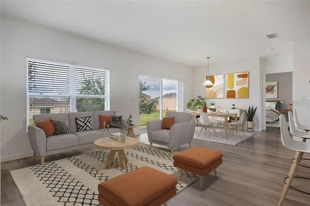 a living room with furniture a rug potted plant and windows