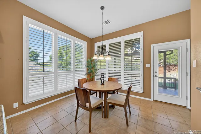 a view of a dining room with furniture and window
