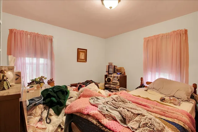 a bedroom with two beds and a potted plant