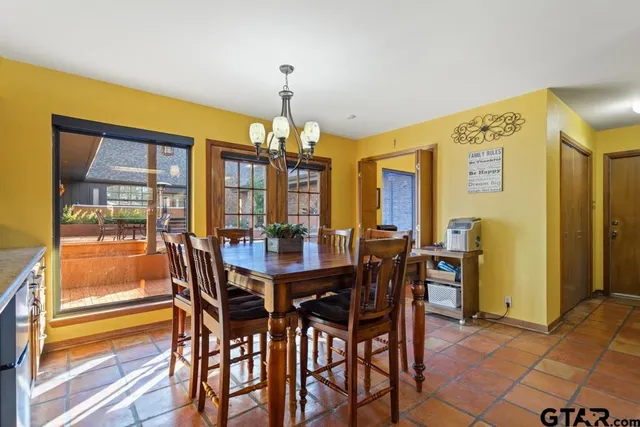 a view of a dining room with furniture and window