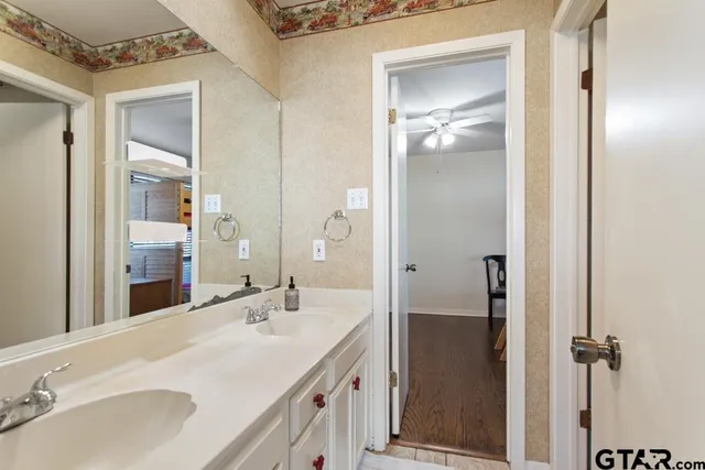 a bathroom with a sink and a mirror