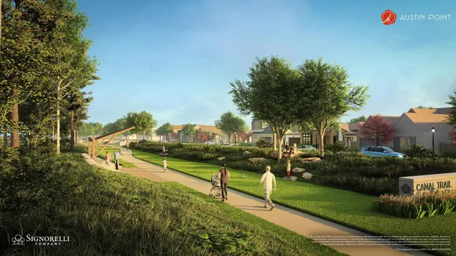 a view of a garden with houses