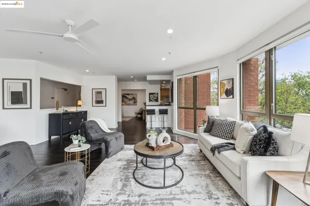 a living room with furniture and a potted plant