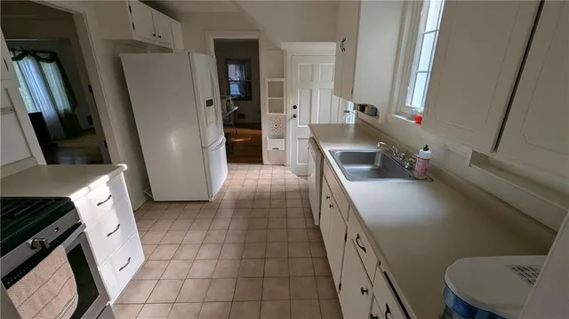 a kitchen with a sink a refrigerator a stove top oven and a potted plant