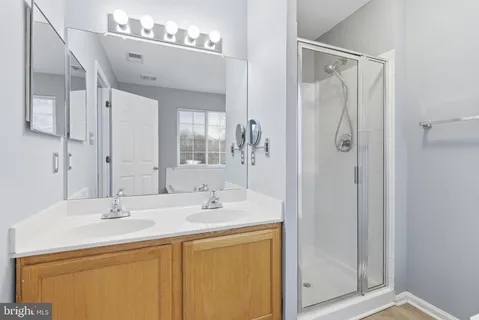 a bathroom with a double vanity sink mirror and shower