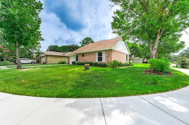 a backyard of a house with potted plants and large trees