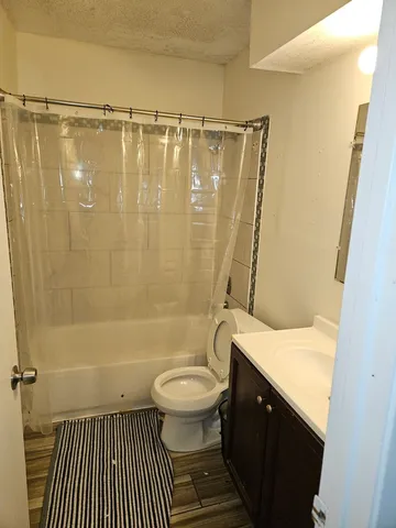 a bathroom with a sink a toilet a mirror and shower