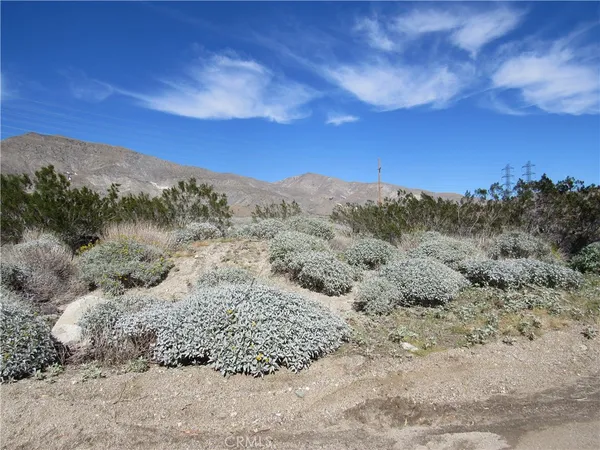 a view of a dry yard with mountains in the background
