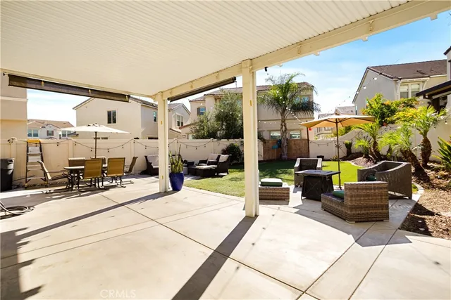 a building exterior with furniture