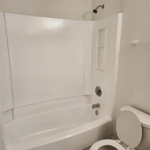 a bathroom with a bathtub and a toilet