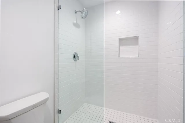 a bathroom with a shower and a toilet
