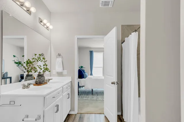 a bathroom with a sink vanity and a mirror