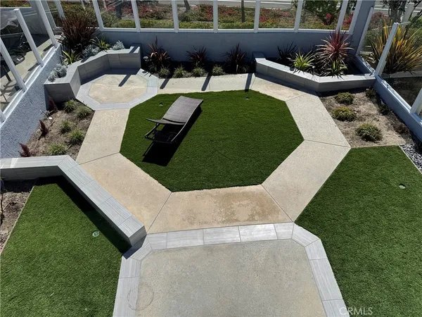 a view of a patio with couches chairs potted plants and a palm tree