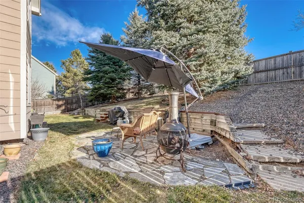 a view of a backyard with sitting area