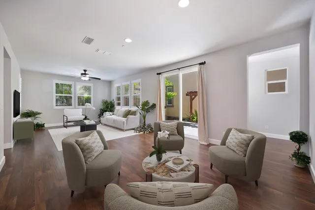 a living room with furniture potted plant and a window