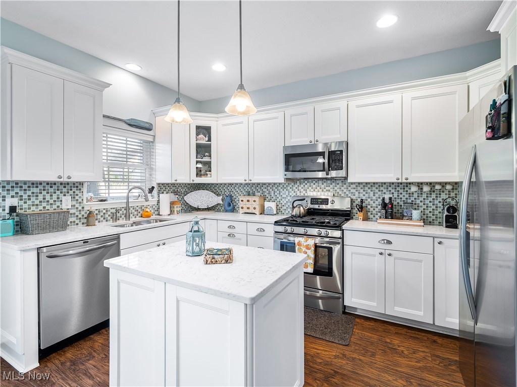 175 Vineyard Road Avon Lake, OH 44012 - Photo 13 of 42 Kitchen with dark hardwood / wood-style floors, a kitchen island, sink, and stainless steel appliances