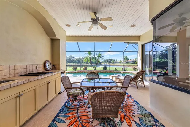 a view of a city with lawn chairs