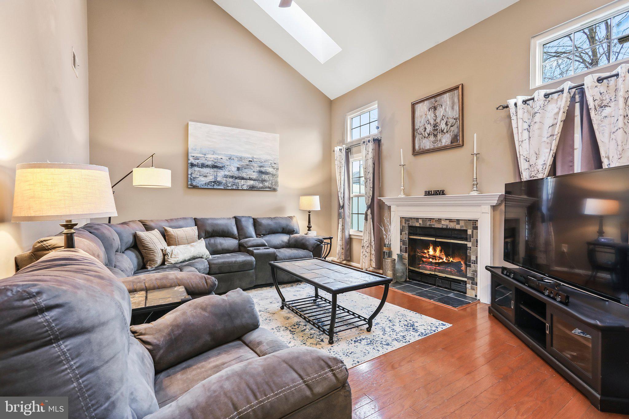 Vaulted family room with skylights, fireplace