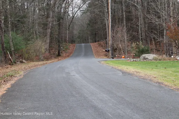 a view of a park with large trees