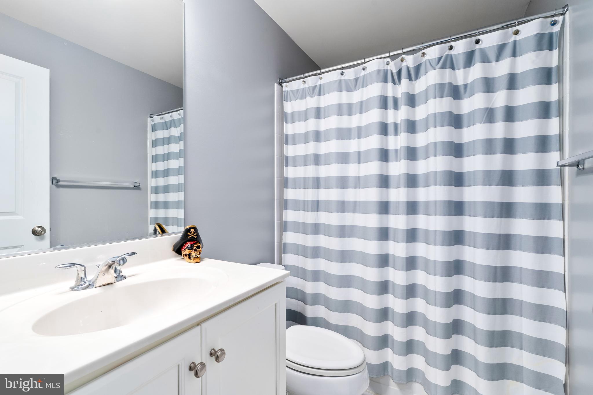 9915 Arapahoe Road New Market, MD 21774 - Photo 47 of 81 a bathroom with a sink a toilet a mirror and shower curtain