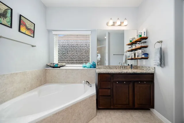 a bathroom with a tub double vanity sink and a mirror