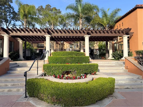 a view of a house with a yard and potted plants