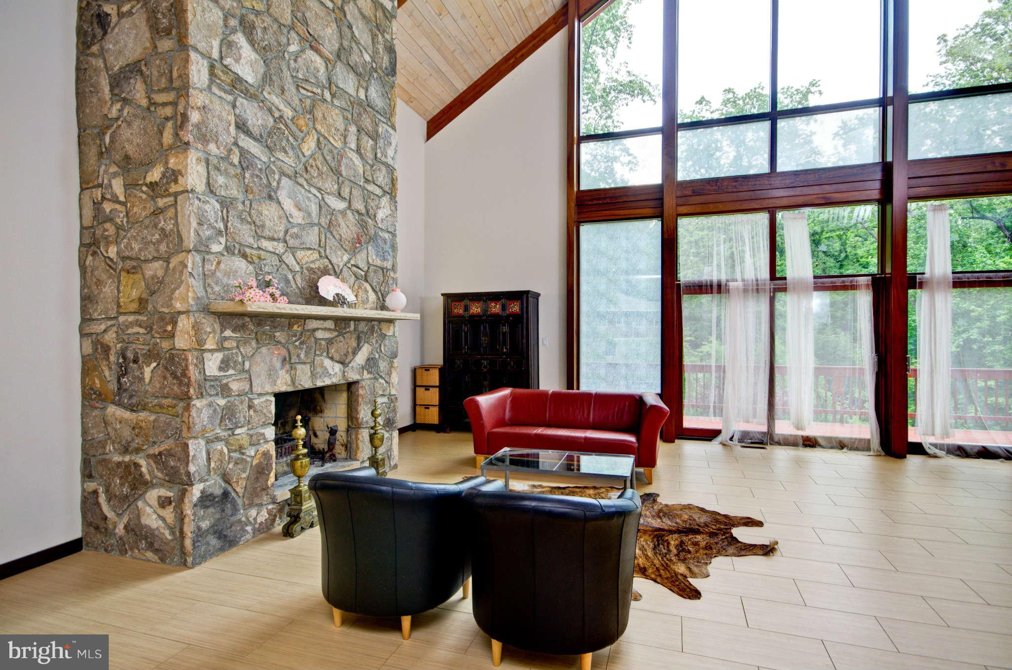 6525 76th Street Cabin John, MD 20818 - Photo 19 of 50 a living room with furniture a fireplace and floor to ceiling windows