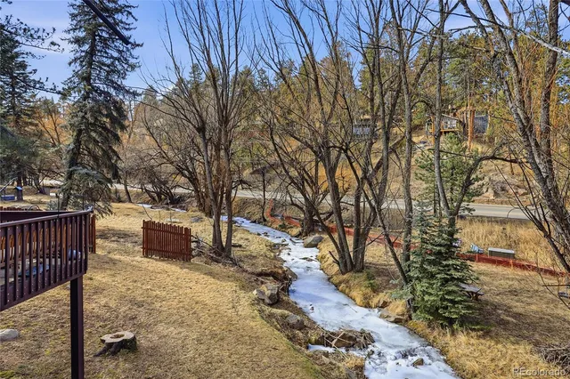 a view of a backyard with large trees