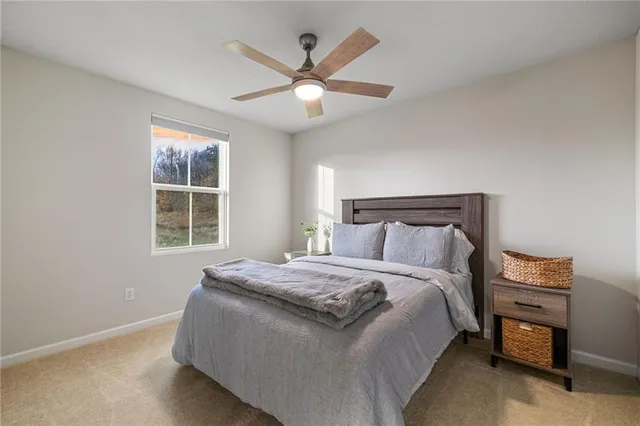 a bedroom with a large bed and a chandelier
