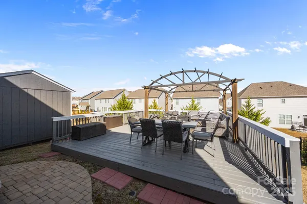 an outdoor space with furniture