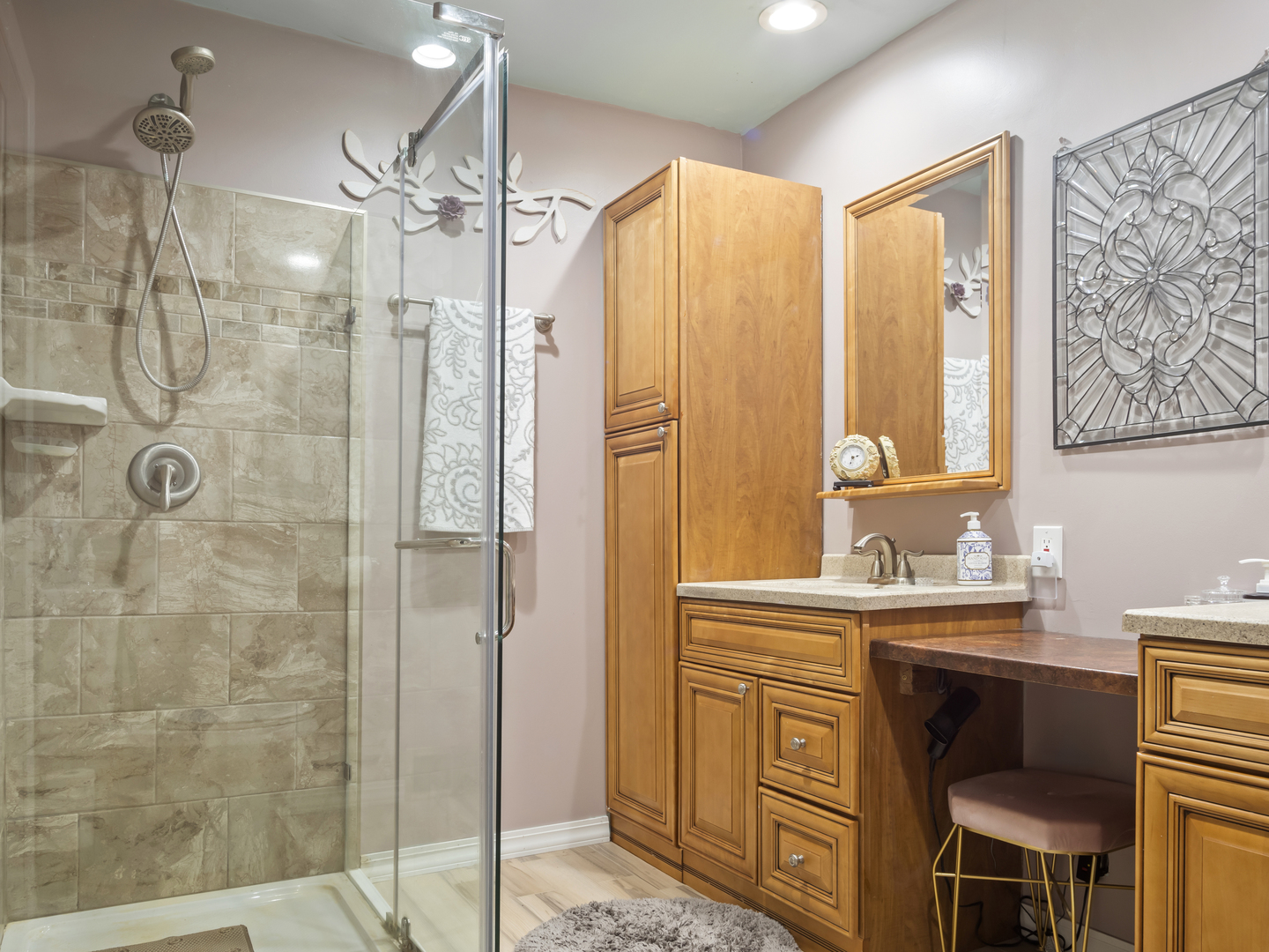 72 Radnor Lane Crete, IL 60417 - Photo 16 of 25 a bathroom with a granite countertop sink a mirror a vanity and shower