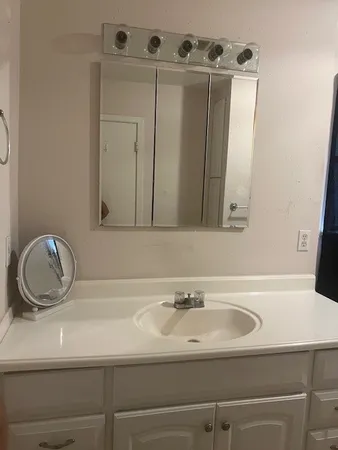 a bathroom with a sink and a mirror