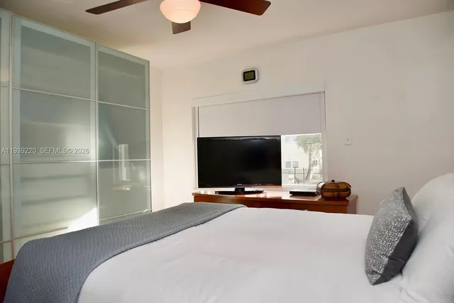 a bedroom with a bed and a flat screen tv