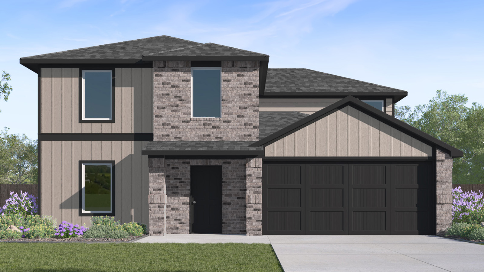 A striking exterior combines brick and siding, showcasing a modern architectural design with a two-car garage.