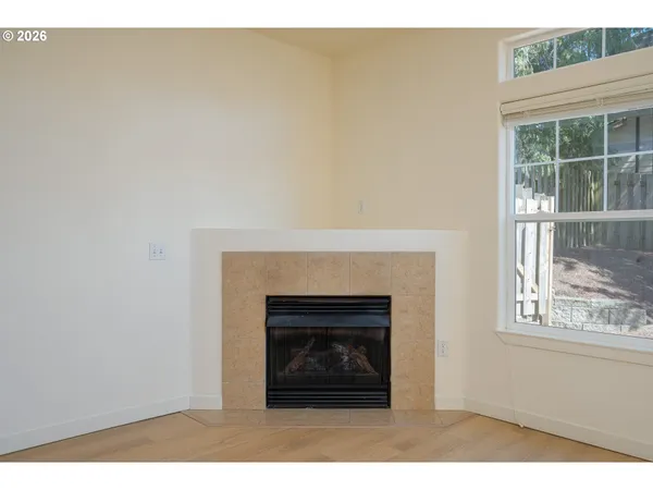 a white building with a fireplace