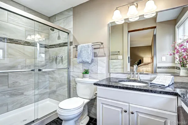 a bathroom with a granite countertop sink toilet and shower