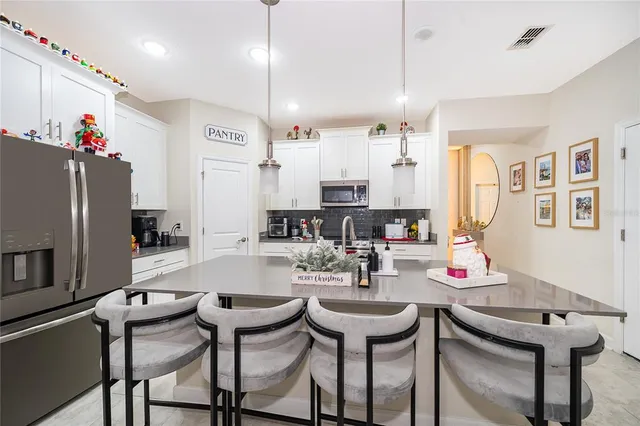 a view of a dining room with furniture