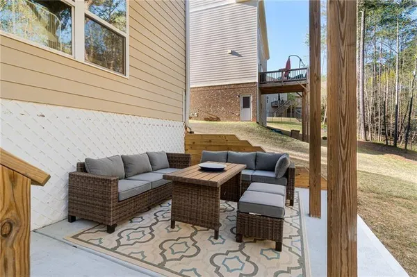 a building outdoor space with patio furniture