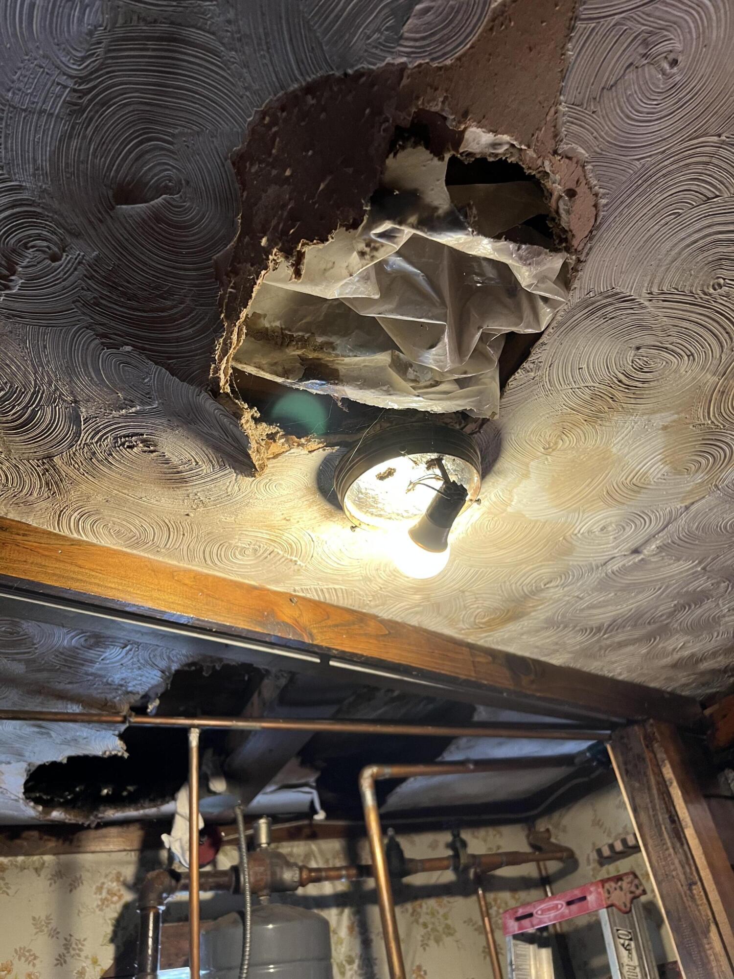 133 Hughes Road Sebec, ME 04481 - Photo 39 of 39 Celing damage in small Hall-utility