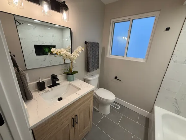 a bathroom with a sink a toilet and mirror