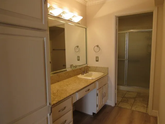 a bathroom with a granite countertop sink a mirror and a shower