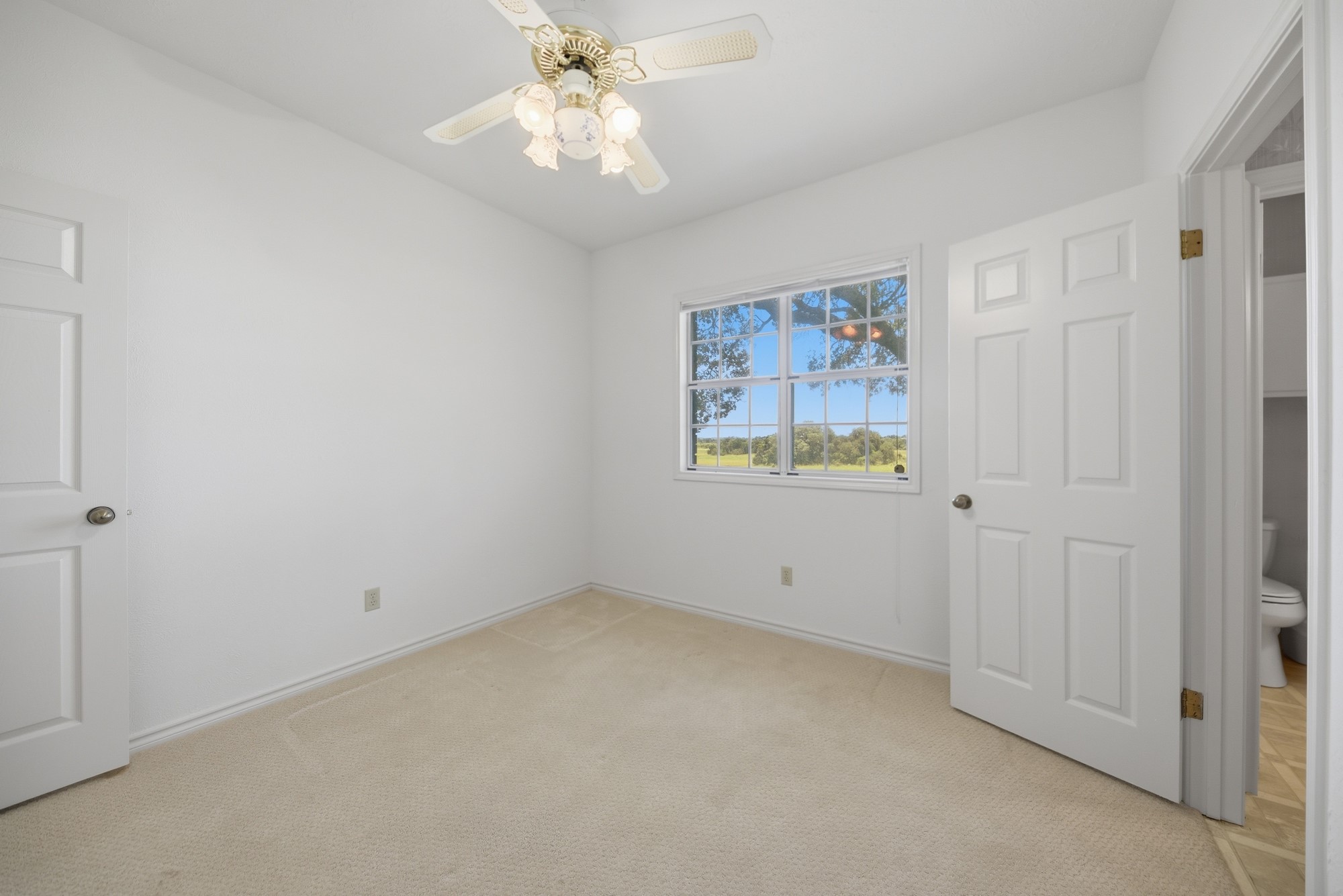 1552 Holub Road Schulenburg, TX 78956 - Photo 28 of 35 A quiet secondary bedroom features a ceiling fan, carpet flooring, and a large window offering countryside views.